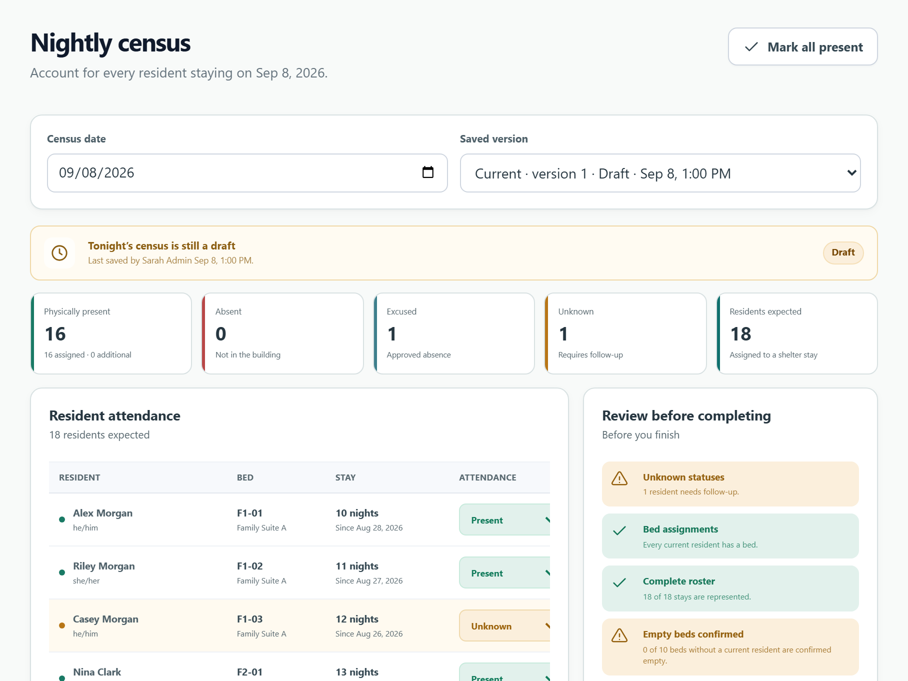 Nightly census tools for reviewing attendance, saved versions, and completion checks with fictional data