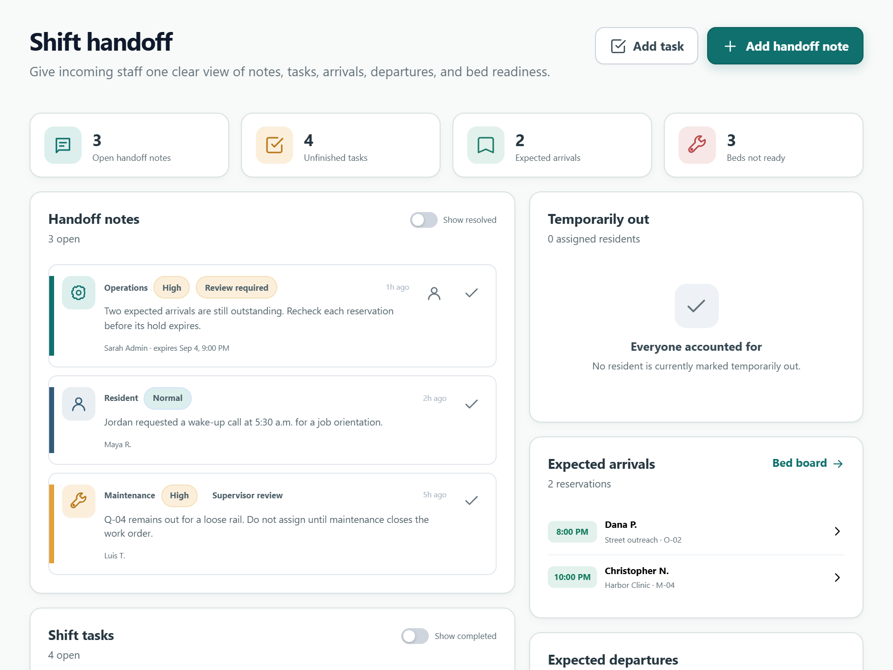 Shift handoff showing notes and open tasks in a fictional shelter