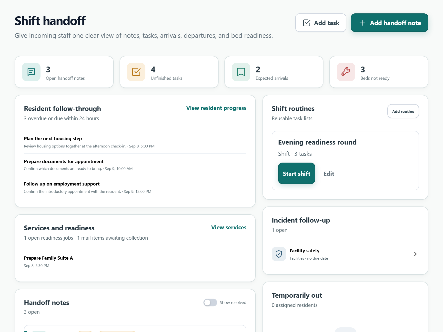Shift handoff and reusable routines with fictional resident follow-up and readiness work
