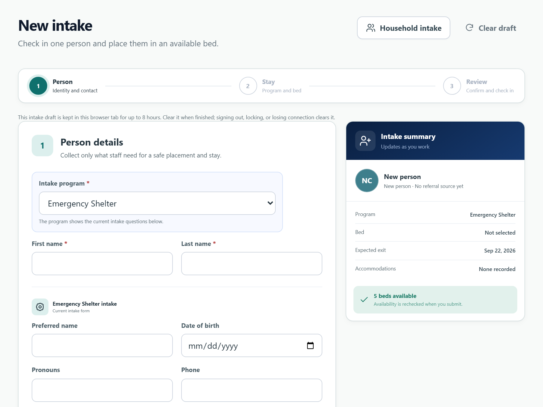 ShelterCurrent intake form showing person details and intake steps in the fictional demo