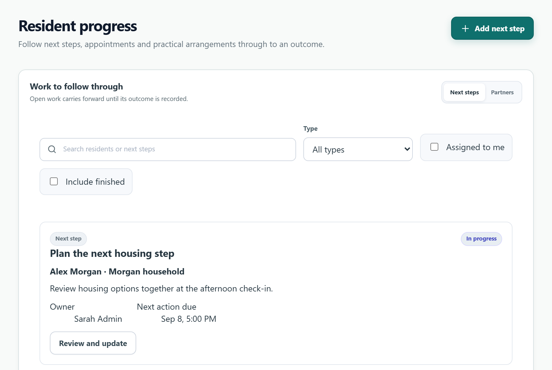 Resident next steps showing an assigned worker, due date, and progress in a fictional shelter