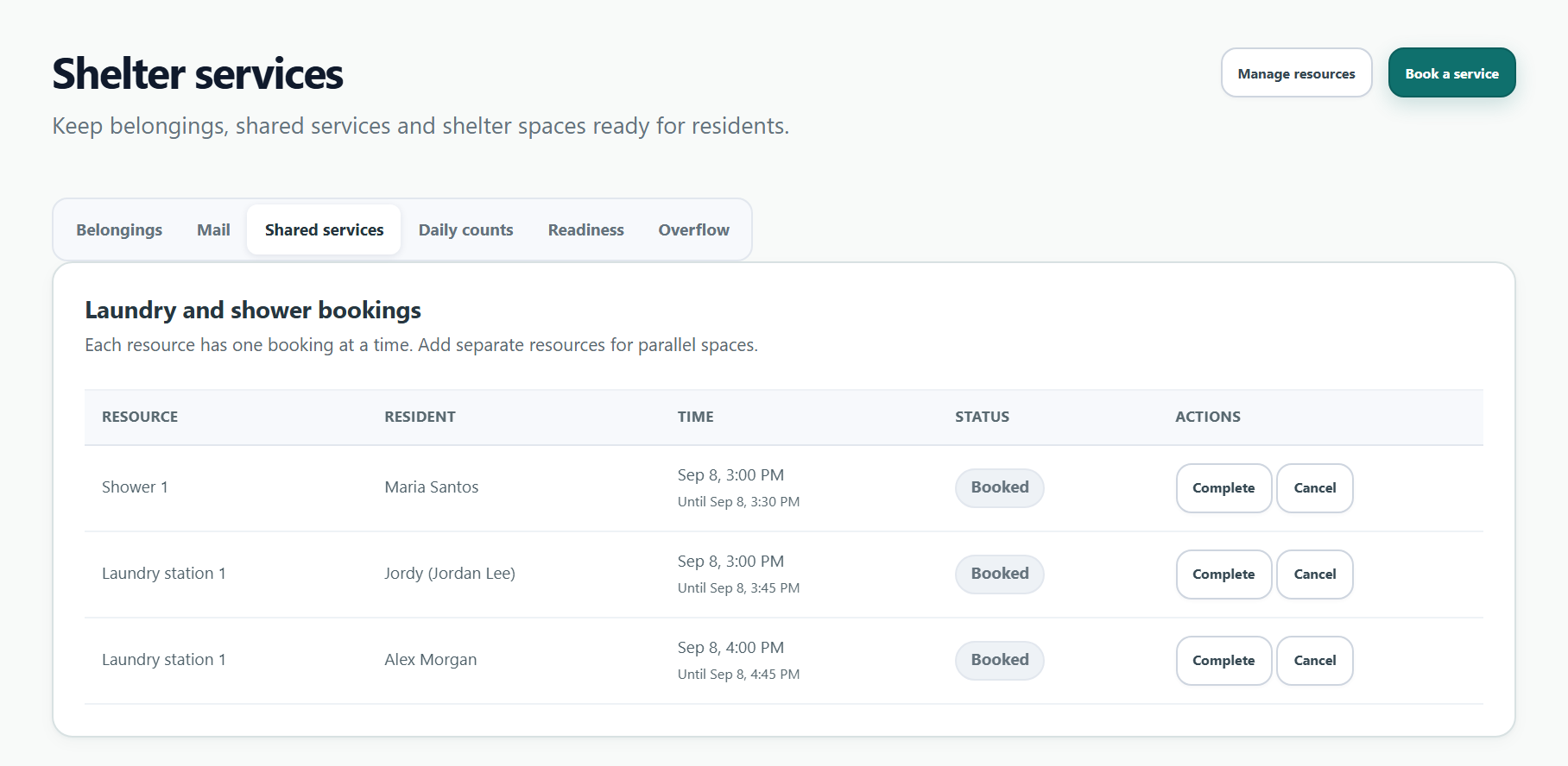 Shared services tools for scheduling laundry and showers with fictional residents
